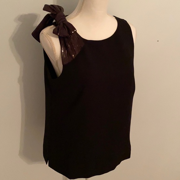 J Crew black top with sequin bow on right shoulder - Picture 1 of 4